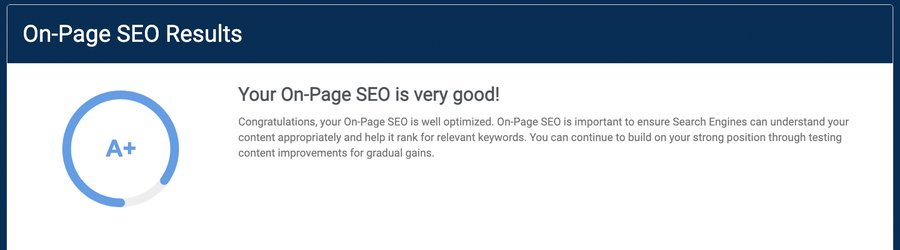 On-page SEO audit result: grade A+, well optimized