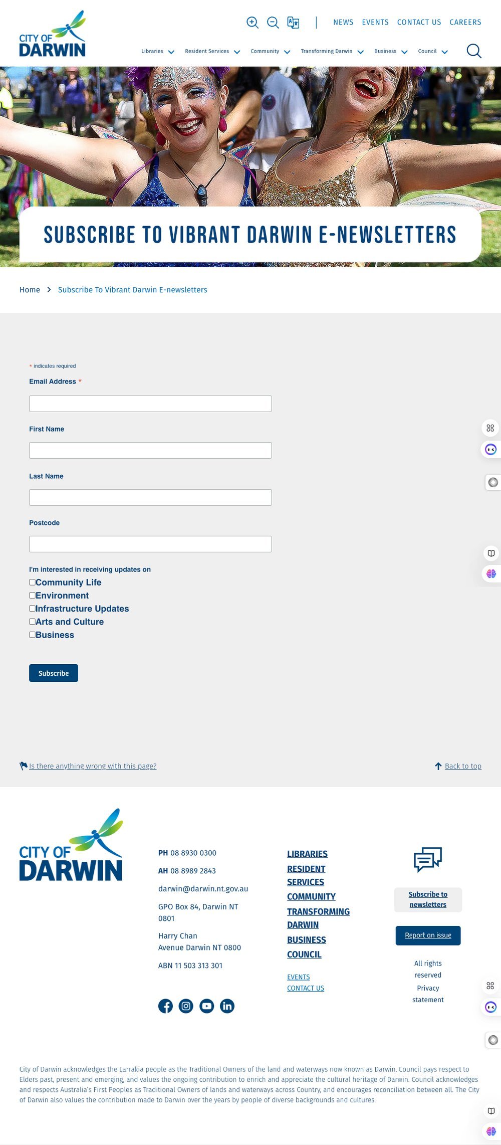 City of Darwin subscribe page with email, name, postcode, and interest checkboxes